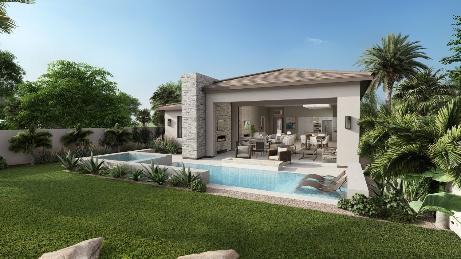 Looking towards back of home to include pool, patio and part of great room