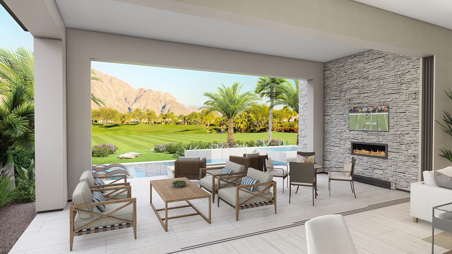 Outdoor patio from great room looking out to pool
