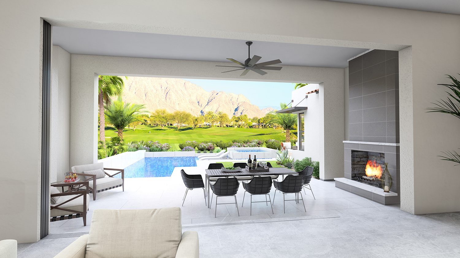Outdoor patio from great room looking out to pool
